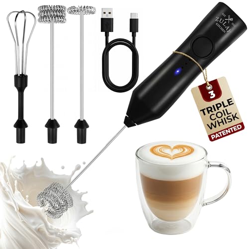Zulay Kitchen Rechargeable Milk Frother Handheld - Frother Wand, Drink Mixer, Electric Whisk Frother, for Cappuccinos, Matcha & Protein Powder - Dynamic 3 Whisk, 3 Speed 500mAh Black - My Kitchen Products