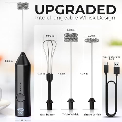 Zulay Kitchen Rechargeable Milk Frother Handheld - Frother Wand, Drink Mixer, Electric Whisk Frother, for Cappuccinos, Matcha & Protein Powder - Dynamic 3 Whisk, 3 Speed 500mAh Black - My Kitchen Products