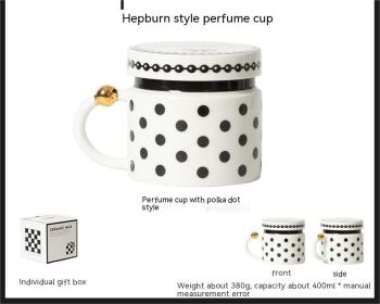 Black And White Polka Dot Hepburn Style Ceramic Mug With Lid Water Cup (Option: Dot-380ml)