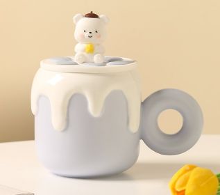 Little Bear Ceramic Cup With Lid Large Capacity Cute (Color: Blue)